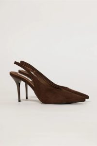 Pantofi maro eleganti din piele intoarsa ecologica si toc stiletto