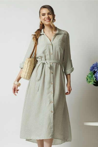 Rochie casual din panza ivory cu dungi kaki si nasturi