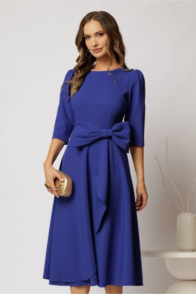 Rochie DY Fashion albastra cu funda ampla in talie decolteu rotund maneci trei sferturi