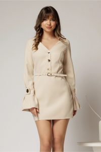 Rochie DY Fashion bej deschis cu maneci evazate si decolteu cu guler