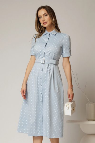 Rochie DY Fashion bleu cu buline tip camasa si curea in talie