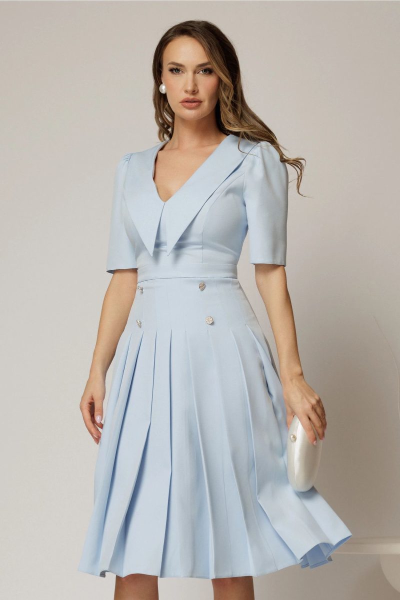 Rochie DY Fashion bleu cu decolteu cu guler ascutit si fusta plisata