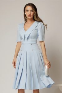 Rochie DY Fashion bleu cu decolteu cu guler ascutit si fusta plisata