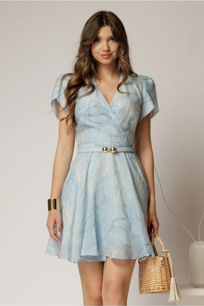 Rochie DY Fashion bleu scurta cu broderii florale si decolteu petrecut