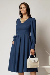Rochie DY Fashion midi albastru petrol cu decolteu in V si pliuri pe fusta
