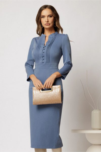 Rochie DY Fashion midi bleu conica cu decolteu in V si nasturi