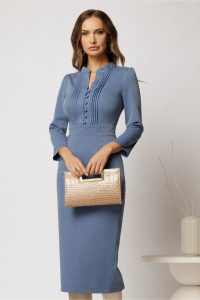 Rochie DY Fashion midi bleu conica cu decolteu in V si nasturi