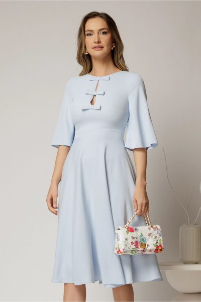 Rochie DY Fashion midi bleu cu maneci evazate si funde pe bust