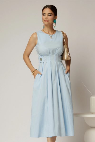 Rochie DY Fashion midi bleu din bumbac cu nasturi si cusaturi pe talie