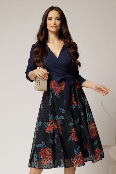 Rochie DY Fashion midi bleumarin cu decolteu petrecut si fusta din voal imprimat