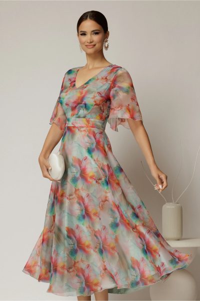 Rochie DY Fashion midi din organza cu imprimeuri verde mint