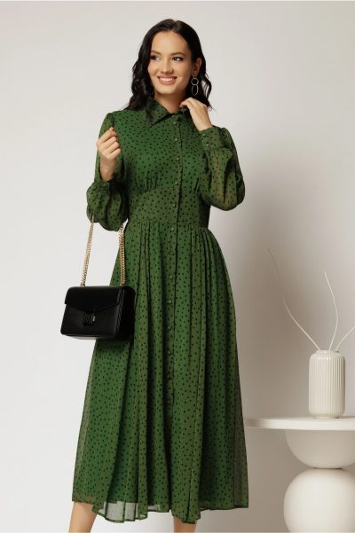 Rochie DY Fashion midi din voal verde cu buline si croi tip camasa