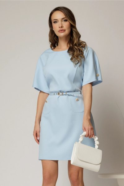 Rochie DY Fashion scurta bleu cu buzunare pe fusta si maneci scurte