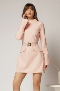 Rochie DY Fashion scurta roz din stofa cu clapete tip buzunare si curea in talie