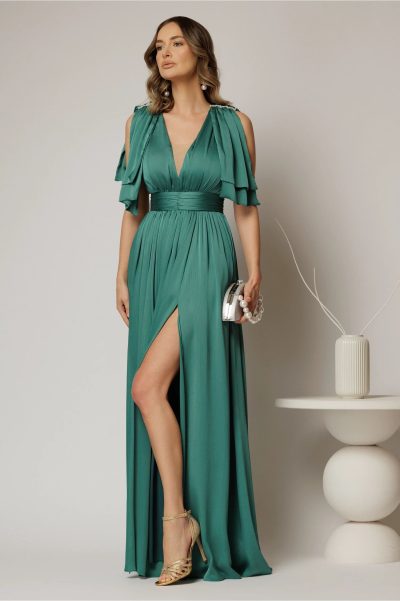 Rochie DY Fashion verde lunga de seara cu decolteu adanc si funde ample