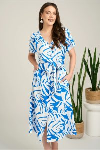 Rochie midi albastra din bumbac cu imprimeuri albe si cordon in talie