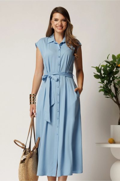 Rochie midi bleu din viscoza cu nasturi si cordon