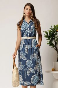 Rochie midi bleumarin cu imprimeu bleu din tencel cu elastic si curea in talie