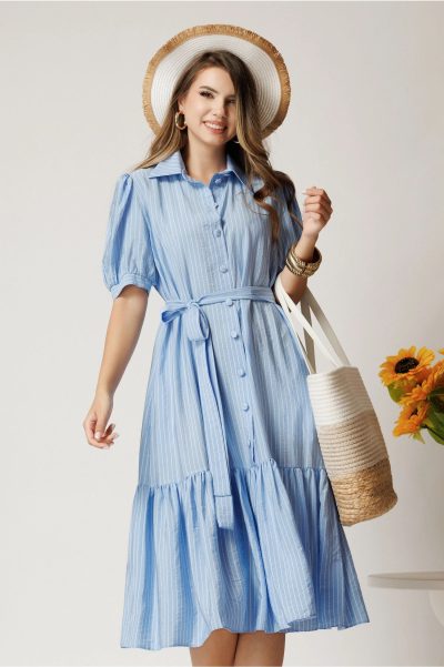 Rochie midi din viscoza bleu cu dungi si cordon in talie tip camasa