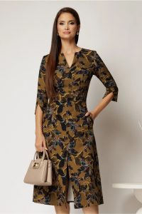 Rochie midi kaki cu imprimeu floral negru mov