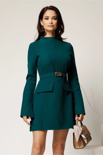 Rochie scurta verde din stofa cu clapete tip buzunare si curea in talie