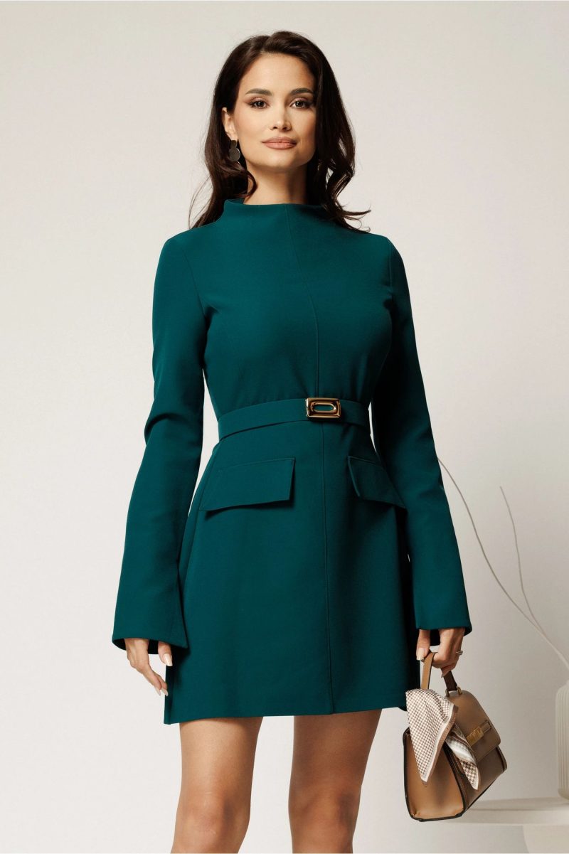 Rochie scurta verde din stofa cu clapete tip buzunare si curea in talie