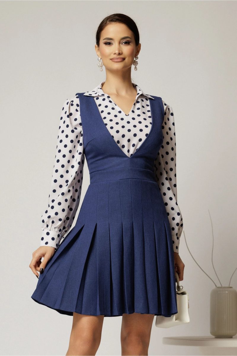 Sarafan DY Fashion albastru din stofa cu pliuri si decolteu adanc