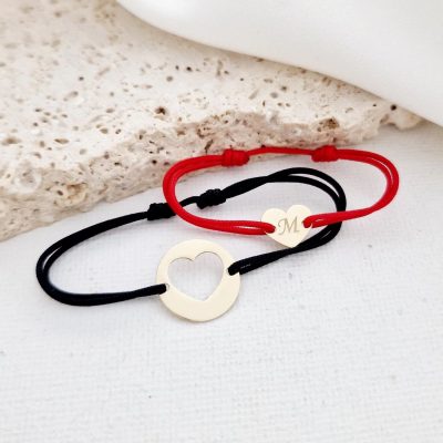 Set 2 bratari - banut si inima decupata - Aur Galben 14K - snur reglabil