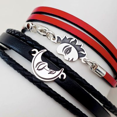 Set 2 bratari cu piele naturala rosie pentru EA si neagra pentru EL - Pandante Luna si Soare unite - Argint 925