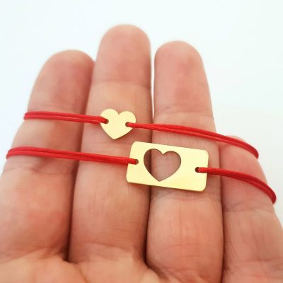 Set 2 bratari - Placuta si inimioara decupata - Aur Galben 14K - snur reglabil