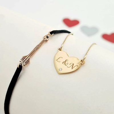 Set lantisor si bratara - Inima si sageata - cu Diamant natural alb/negru - Aur Galben 14K