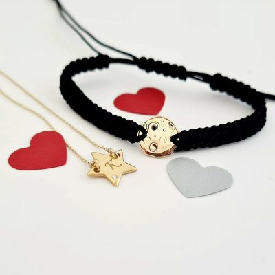 Set lantisor si bratara - Stea si luna plina - cu Diamant natural - Aur Galben 14K
