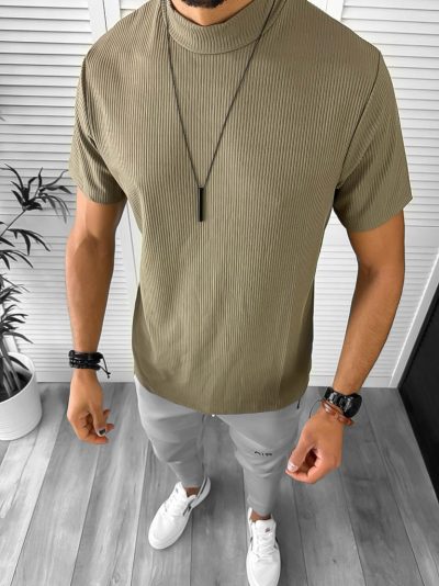 Tricou barbati slim fit kaki CU DEFECT DEF12958  O3-2.1